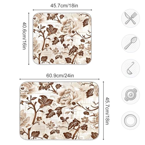 Brown Beige Floral Leaves Dish Drying Mat for Kitchen Counter Absorbent Microfiber Drying Pad (18" x 24")