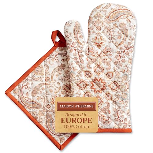 100% Cotton Oven Mitt & Pot Holder Set (059 - Cachemire / 7.5" x 13" & 8" x 8" (Oven Mitt & Pot Holder))
