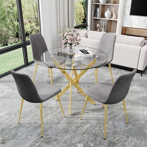 36" Round Glass Dining Table Set for 4 (Gold Round Table/Grey Velvet Chairs / 5 Pieces)