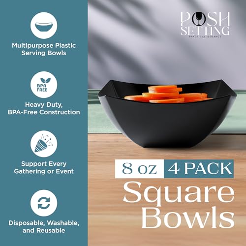 4 Pack Disposable Black Plastic Serving Bowls Square Party Candy Use 8oz (8 OUNCE / Black)