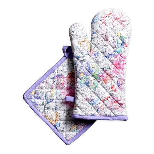 100% Cotton Oven Mitt & Pot Holder Set (044 - Floral Love / 7.5" x 13" & 8" x 8" (Oven Mitt & Pot Holder))