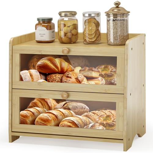 Double Layer Bread Box Container for Kitchen Countertop Homemade Bread (Natural Bamboo / 2 Tier-Medim)