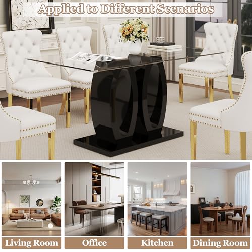 63" Glass Dining Table Set for 6 (Black Table & Gold White Chair / 7-Piece Set-Double O-Shaped Table)