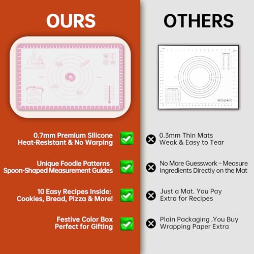 Non Slip Silicone Baking Mat With 10 Useful Recipes (Pink / 28"L x 20"W)