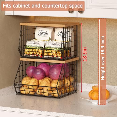 2 Set Stackable Wire Basket with Wooden Tops & Pad for kitchen organizers and storage (2pcs*11.8"*11.8"*18.9")