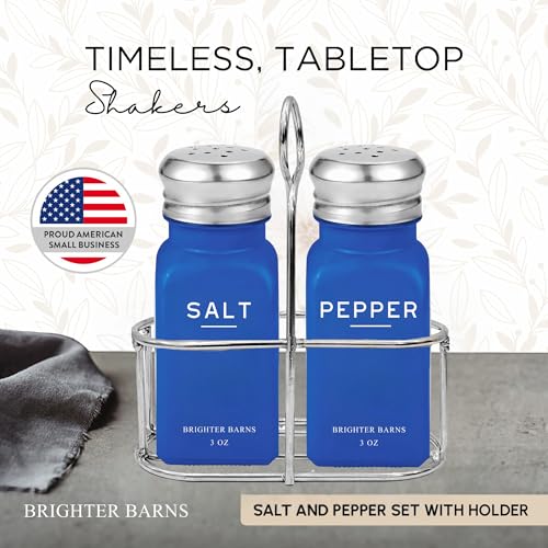 Blue Salt and Pepper Shakers Set with Holder by Brighter Barns (Blue)