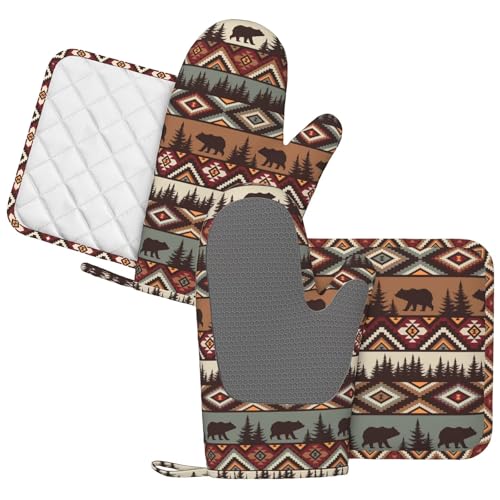 Vintage Rustic Bear Oven Mitts and Pot Holders 4 pcs Set Silicone Bear Mountain Kitchen Oven Mitt Gloves Country Cabin Themed Pot Holders Non (Brown)