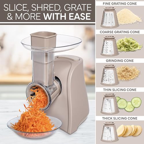 5-in-1 Electric Slicer, 150W Food Prep Machine – Parmesan Shredder, Fine & Coarse Graters, Potato Grater, Vegetable Slicer, Compact Design for Bowl Prep, Warm Grey (Warm Grey)