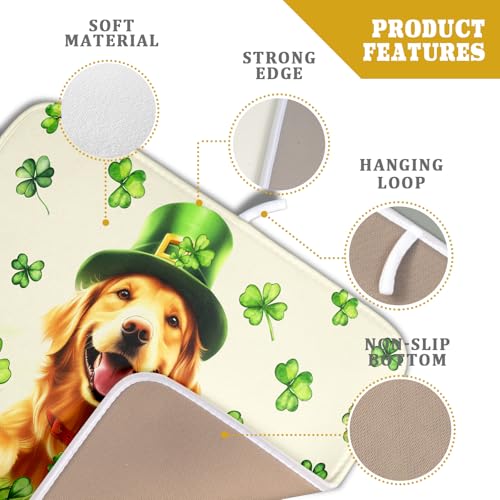 St Patrick's Day Dog Dish Drying Mat 16x18 inch Green Shamrock Dishes Pad Absorbent Microfiber Dish Drainer Mat for Kitchen Counter Coffee (Shamrock Dog / 16" x 18")
