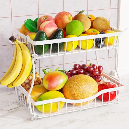 Large 2 Tier Fruit Basket for Kitchen Counter with 2 Banana Hangers (White)