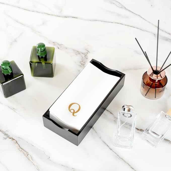 Luxenap 15.8 X 7.9 Inch Linen-Feel Guest Towels, 50 Lettered Hand Towels - Gold Letter 'Q', Sans Serif Font, White Paper Dinner Napkins, airlaid, For Restrooms And Tables