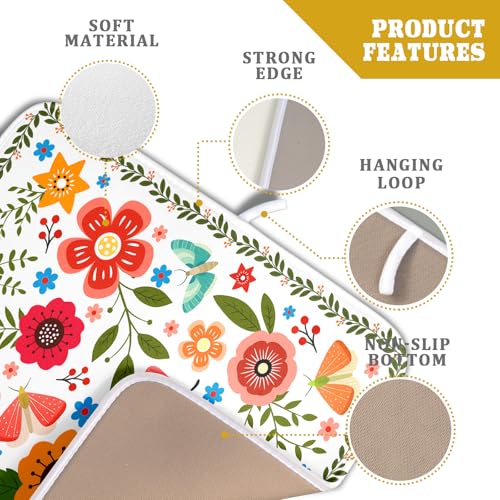 Colorful Boho Floral Dish Drying Mat 16x18 Inch Dishes Dry Pad Drainer Rack Mats Absorbent Hanging Loop Kitchen Counter Bar Accessories (White Boho Floral / 16" x 18")