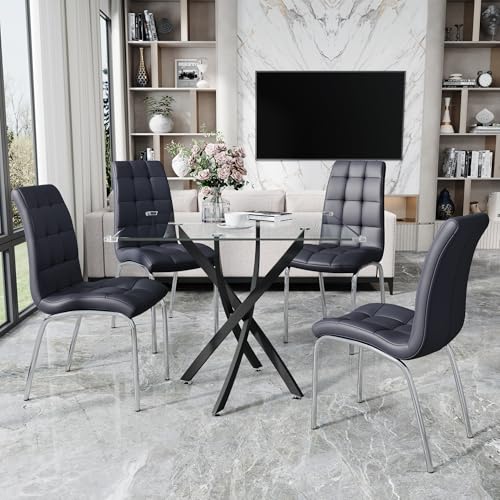 36” Square Glass Dining Table Set for 4 (Black Square Table/Black Pu Chairs / 5 Pieces)
