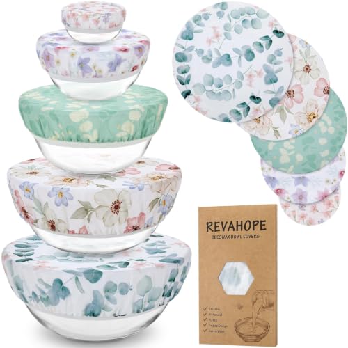 5Pcs Reusable Beeswax Elastic Bowl Covers for Bread Proofing and Food Cover (Eucalyptus Leaves)