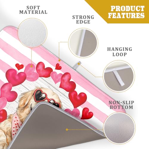 Valentine's Day Dog Dish Drying Mat for Kitchen Counter 18x24 inch Heart Rose Absorbent Dish Drainer Rack Mats for Coffee Bar Countertop (Heart Rose Dog / 24" x 18")