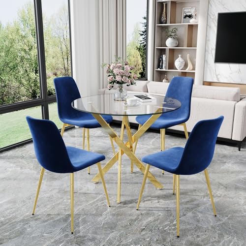 36" Round Glass Dining Table Set for 4 (Gold Round Table/Blue Velvet Chairs / 5 Pieces)