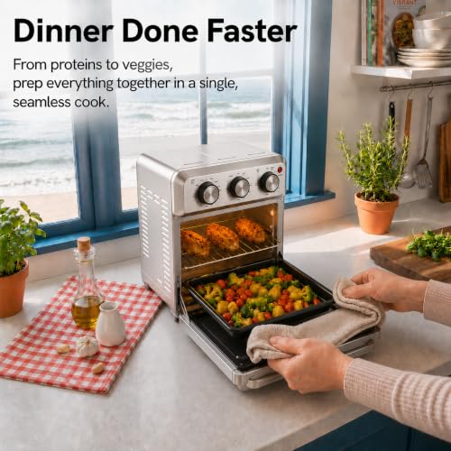 6-in-1 Air Fryer Toaster Oven Combo, Compact 12.7 QT Small Countertop Convection Oven, Fits 9" Pizza & 4 Toast, Hexagon Hybrid Heating, Enamel Baking Pan Included, Stainless Steel Finish (12.7-QT Brushed Stainless Steel Finish)