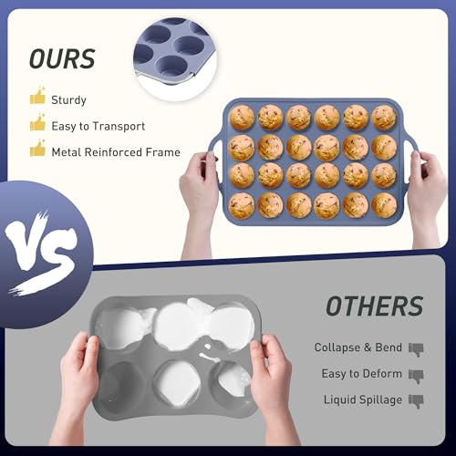 2 Packs 24 Cups Silicone Muffin Pan with Metal Reinforced Frame Mini Size Cupcake Pan Tray Egg Bites Silicone Circle Cookie Molds Muffin Tin Tart Pans Baking Sheet Set for Breakfast Sandwiches (Mini / Morandi Pink & Morandi Blue)