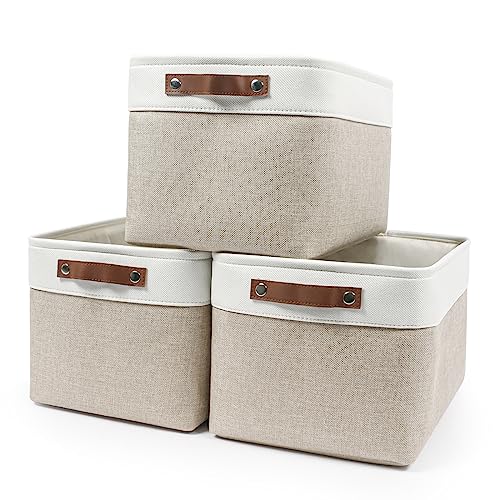 Storage Bins Large Fabric Storage Baskets for Shelves 3 Pack (Beige / Off-White / Large -15"x11"x9.5")