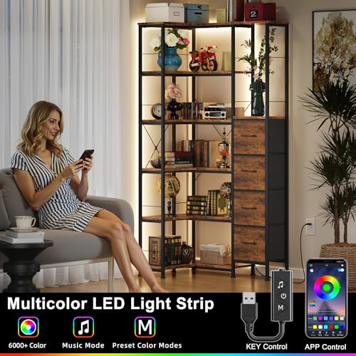 6 Tier Corner Bookshelf with LED and 4 Fabric Drawers (7 Count)