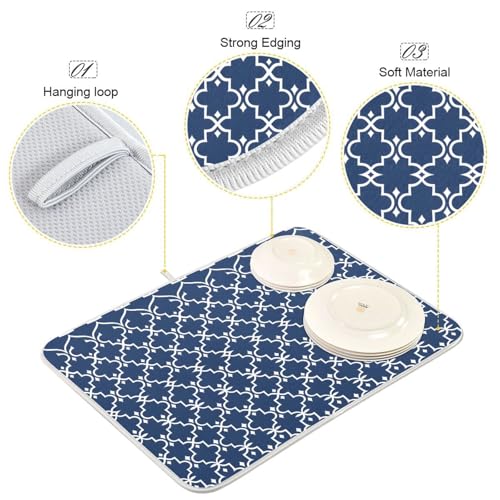 Super Absorbent Dish Drying Mat Microfiber Fast (Navy Blue Moroccan Mandala / 16" x 18")