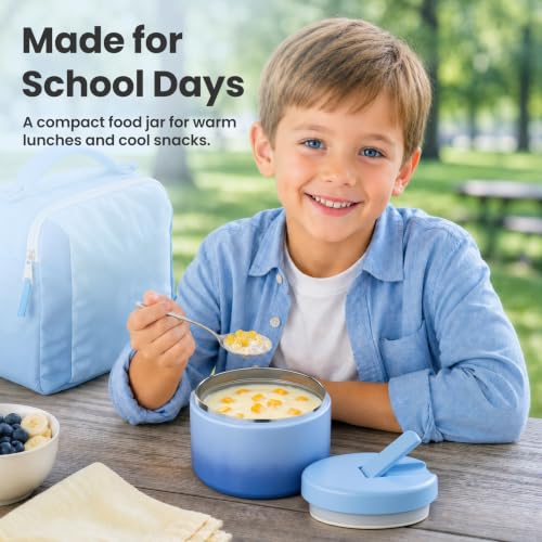 12oz Insulated Vacuum Food Jar with Buckle Lid Wide Mouth Soup Thermo for Hot Food Kids Leakproof Stainless Steel Lunch Container (Gradient Blue / 12OZ)