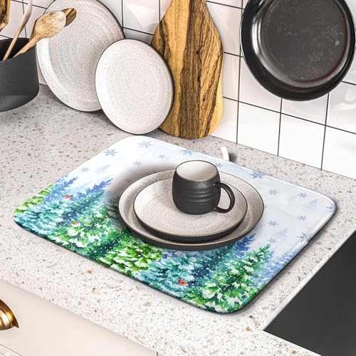 Winter Dish Drying Mat Forest Kitchen Mat for Counter for Home Season Decor 18 X 16 In (Winter Forest Bird / 18" x 16")