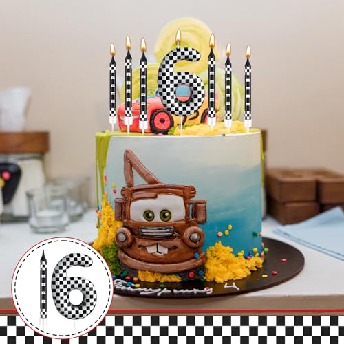 13 Pcs Racing Cars Themed Birthday Candles 12 Black and White Race Number 6 Checkered Candle Cake Topper for Racing Car Party Decoration Supplies (13 Count)