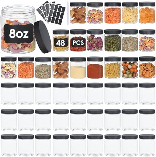 48pcs 8 oz Plastic Containers with Lids Labels Leak Proof BPA Free Airtight Refillable Clear Small Containers Storage Jars for Storing Dry Food Slime Honey Jam (black / 8 Ounce)