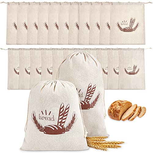 20 Pcs Linen Bread Bag for Homemade Bread Reusable 2 Sizes 10" x 12" and 11" x 17" Unbleached Container Drawstring Natural Bags Storage for Food Baking Kitchen Sandwich Bakery Picnic Wedding