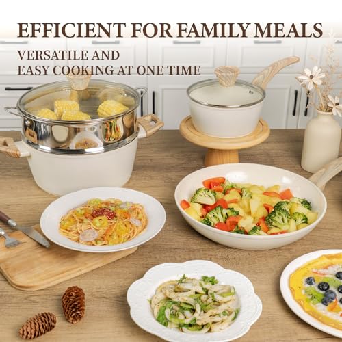 26Pcs Pots and Pans Nonstick Ceramic Cookware Set Nontoxic Kitchen Cooking Set with Steamers Utensils Induction Compatible (Cream White)