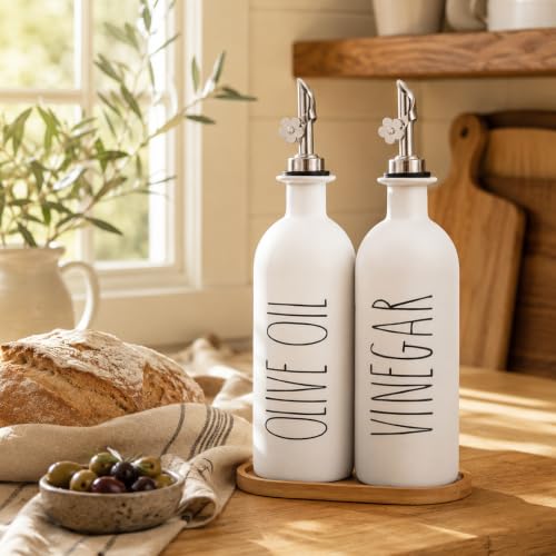 16oz Olive Oil Dispenser Bottles for Kitchen (White+Tray / 16 fl oz)