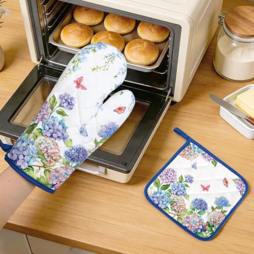 Hydrangea Floral Oven Mitts and Pot Holders Set (Hydrangea / Oven Mitt x2 & Pot Holder x2)
