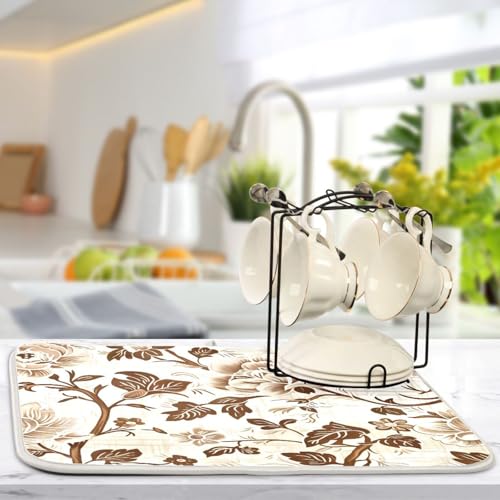 Brown Beige Floral Leaves Dish Drying Mat for Kitchen Counter Absorbent Microfiber Drying Pad (18" x 24")