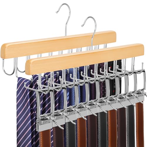 2 Pack 2 in 1 Belt Tie Hanger for Closet Max 60 Belts with 60 Ties Capacity (Natural-2 Pack)