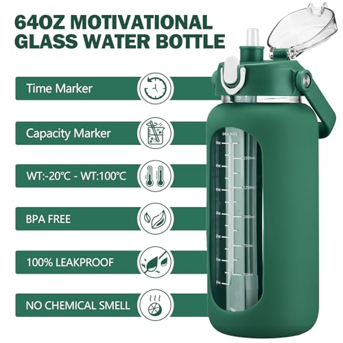 64oz Glass Water Bottles with Straw (Ink green / 64 Ounces)