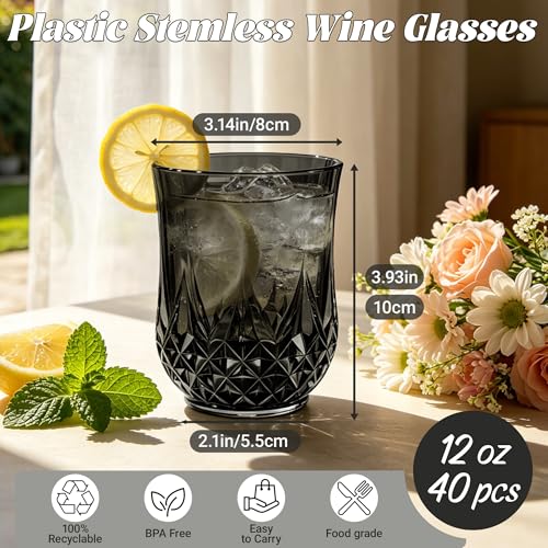 40 Pack Plastic Stemless Wine Glasses (Black)