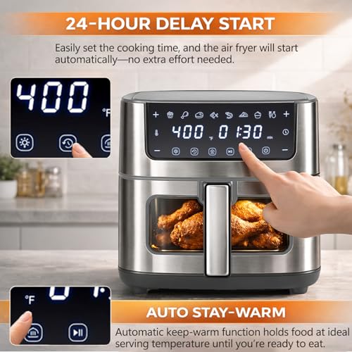 8-in-1 Air Fryer 6.34 Qt, Digital Preset Airfryer with Visible Window, Nonstick and Dishwasher-Safe Basket, Air Fry, Chicken, Pizza, Dehydrate, Fries, 90-Min Timer, 1700W, Gray (Gray-6.34Qt-B / 6.34 Qt)