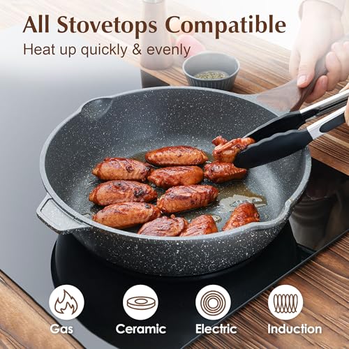 Nonstick Deep Frying Pan Skillet (Gray / 12-inch/5QT)