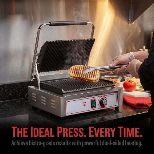 Commercial Panini Grill Flat Press Sandwich Maker Industrial Panini Machine Single Grill Big (Standard Grooved Top And Bottom)