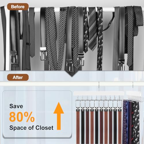 2 Pack 2 in 1 Belt Tie Hanger for Closet Max 60 Belts with 60 Ties Capacity (White-2 Pack)