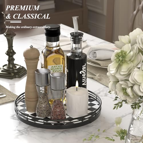 10 Inch Black and White Checkerboard Lazy Susan with Oak Base (Black & White / 10 inches)