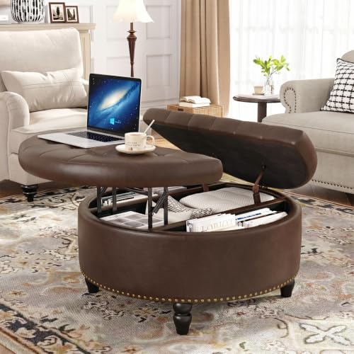 31.5 Inch Large Round Ottoman with Storage Circular (Chocolate)