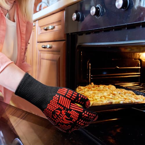 BBQ Gloves 1472°F Heat Resistant with Silicone Grip Oven Mitts (Red / Long (Glove L 13.78" × Palm W 6.33"))