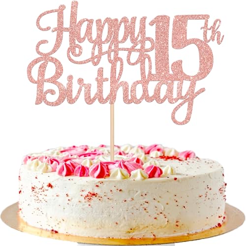 1 PCS Happy 15th Birthday Cake Topper Glitter Cheers to 15 Years Birthday Cake Pick Mis Quince 15 Fabulous Cake Decoration for Happy 15th Birthday Theme Party Decorations Supplies Rose Gold (Rose Gold / 15th)
