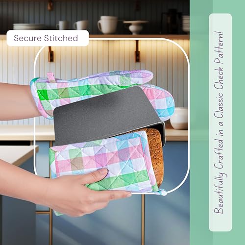 4 Piece Set Gingham Check 2 Oven Mitts & 2 Potholders (Gingham Pastels)