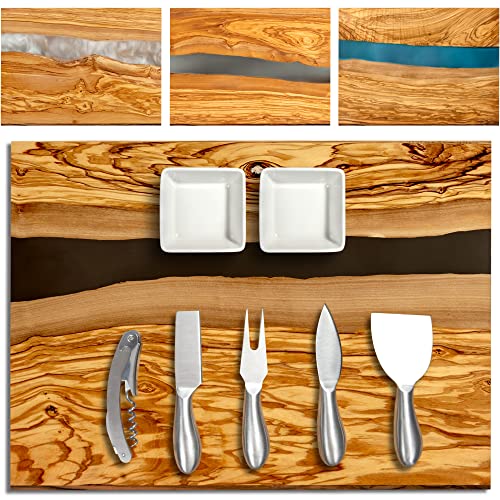 Handcrafted Italian Olive Wood Cheese & Charcuterie Board Set with Unique Black Resin Artwork (Black)