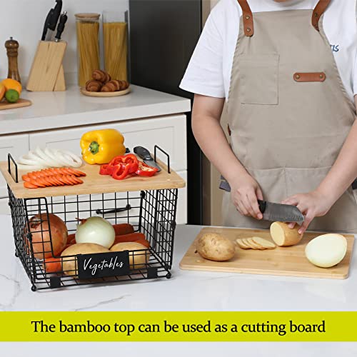 2 Set XXL Stackable Wire Basket with Bamboo Tops & Tag (XXL)