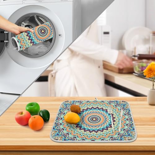 Bohemian Mandala Dish Drying Mat for Kitchen Counter Absorbent Microfiber Small Boho Ethnic Drying Pad Dish Mats for Kitchen Countertops 16 x 18 Inch (18" x 16")