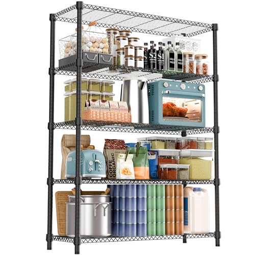 1750LBS 47.2" W 5 Tiers Shelf Steel Storage Shelves Shelving Unit Steel Organizer Wire Rack for Home (5 tier, 17.7" D x 47.2" W x 72.4" H / Black)